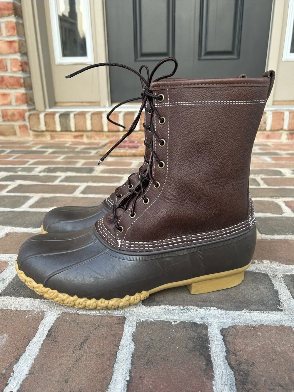 LL Bean 10” Brown Leather Lace-Up Duck Boots Shearling Lined Mens 13 Wide